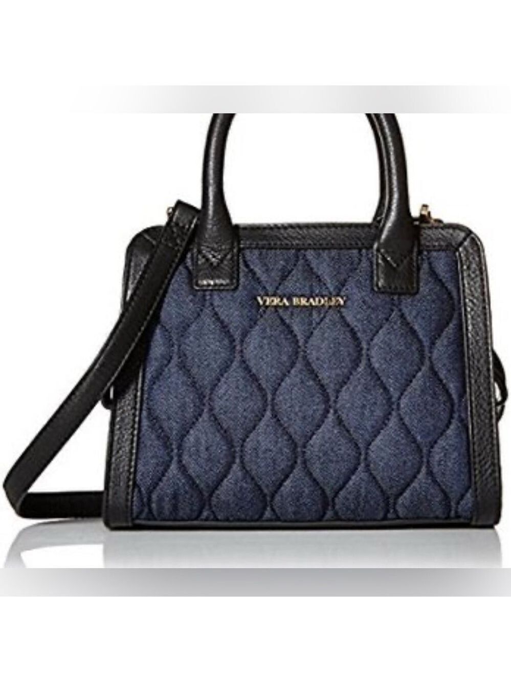 Vera Bradley Natalie Black Leather Denim Quilted Crossbody Bag like NEW cond